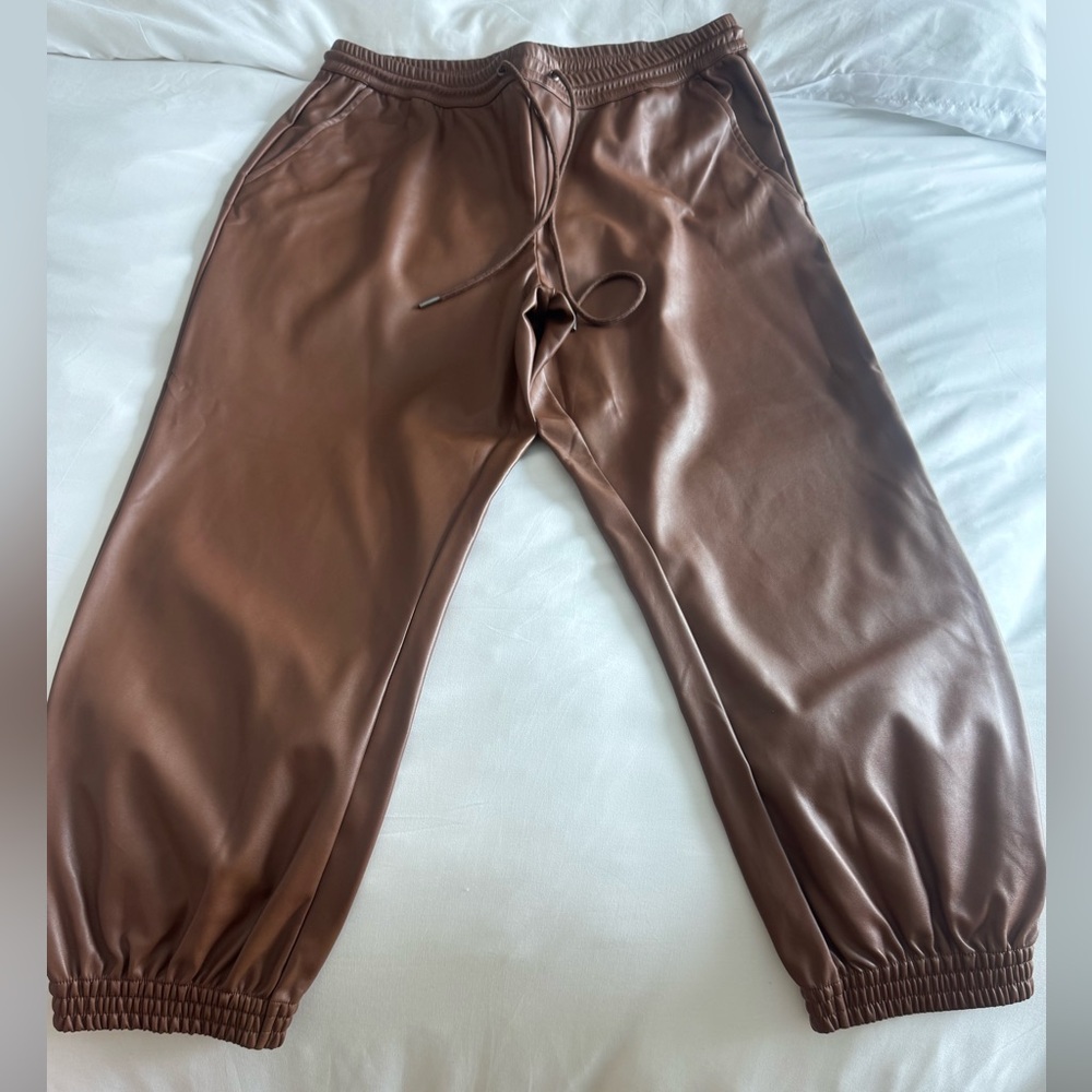 Brown Faux Leather Joggers